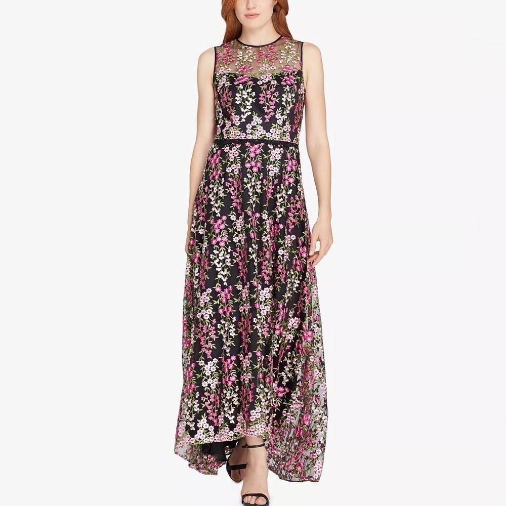 Tahari ASL Floral Embroidered Illusion Gown in Black w. Red & white flowers-4